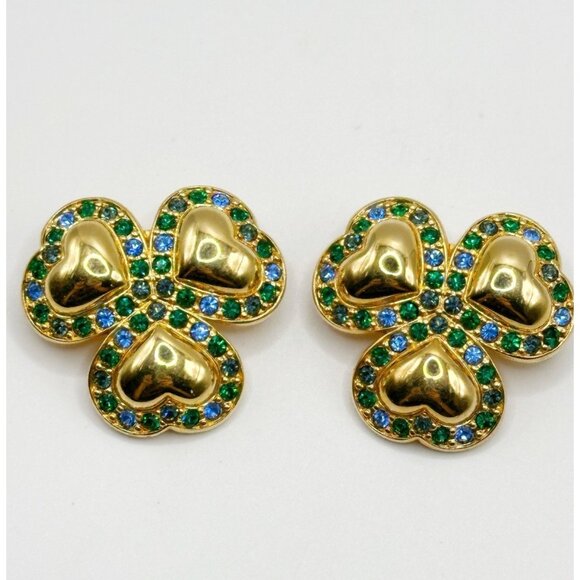 Swarovski Green Blue Crystal Heart Three Leaf Clover Clip On Earrings - Picture 2 of 5